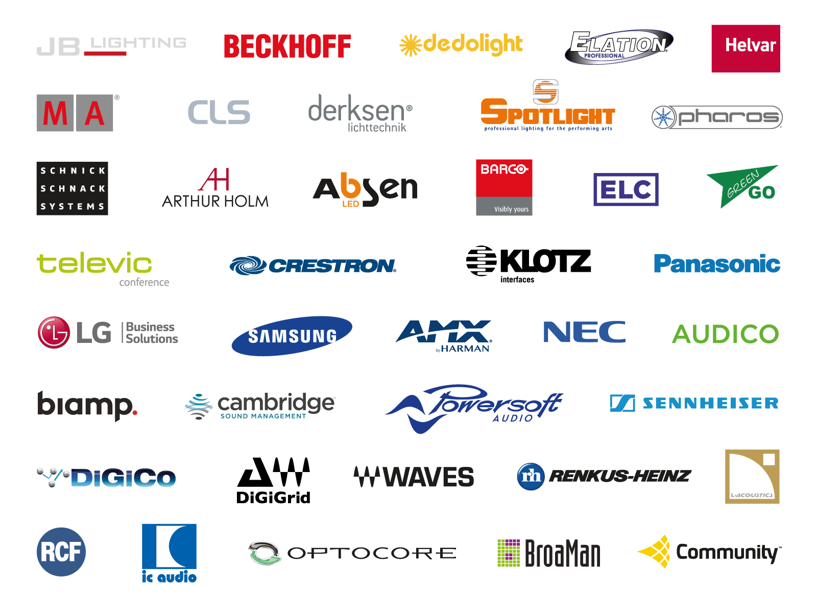 Yhteistyössä - Helvar, Powersoft, RCF SpA, Televic, Atlona, Extron Electronics Europe, Samsung, Community, Panasonic, Genelec, Crestron, Sony, AMX, NEC, Dedolight, MA Lighting, Osram, Spotlight, Studio Due, Audico, Klotz A.I.S, Renkus-Heinz, Sennheiser, L-Acoustics, Lee Filters, Gerriets, JB-Lighting, Coolux, LTM, ELC, IC Audio, Dalite, ARX, K&M, Yamaha, Derksen